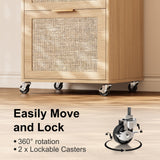 INNOD 3 Drawers Rattan Mobile File Cabinet with Lock, Rolling File Cabinet Printer Stand Table, Under Desk Wooden Filing Cabinets for Home Office Essentials Storage Organization Furniture Letters/A4