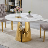 Maotifeys 45'' Round Dining Table White Marble Dining Room Table for 4-6, Circle Faux Marble Kitchen Table with Gold Mirrored Stainless Steel Base for Dining Room, Bistro, Breakfast (Table Only)