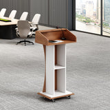 Wooden Podium Stand with Lockable Wheels Modern Presentation Blockboard Lectern Black Walnut Color with Storage Shelves for Office, Church