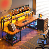 EnHomee 71" L Shaped Computer Desk with 3 Drawers & Hutch,Reversible Gaming Desk with LED Lights & Power Outlet,Home Office