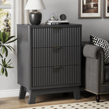 Xixini Fluted Nightstand with 3 Storage Drawers, 24" Wide Wood Bedside Table with Mental Handle, Mid Century Modern Wooden Side Table Night Stand, Curved End Table for Bedroom, Living Room, Black