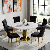 SSLine White Faux Marble Round Dining Table Set for 6 with Velvet Chairs