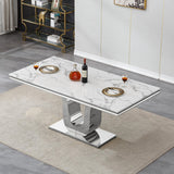 Maotifeys White Marble Dining Table for 6 Modern Luxury Faux Marble Kitchen Table for 4-6, 68" Large Dining Room Tables with U-Shape Silver Stainless Steel Base