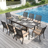 PHI VILLA 9 Pieces Outdoor Dining Set for 8, Large Metal Expandable Dining Table & Stackable Wrought Iron Chairs with Cushions, Modern Furniture Set for Patio, Deck, Yard, Porch - Black