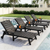 LegacyAmerhome Outdoor Lounge Chair Set of 4 with 5-Position Adjustable, Outside Lounge Chair with Cup Holder, Wheels for Easy Mobility, HDPE Tanning Chair for Poolside, Patio, Black