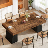 wo Tone Dining Table for 4-6 People, Rectangular Farmhouse Kitchen Dinner Table with Double Pedestal