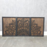 Set of 3 Mandala Wood Wall Art, Black Framed Boho Laser Cut Panels | Large Zen Triptych Decor for Living Room, Yoga Studio & Home, Spiritual Gift 27,5" x 39,3"