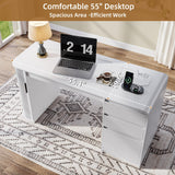 ZenXity Farmhouse 55" Computer Desk with Charging Station, Wooden Home Office Executive Desk with 3 Drawers and Fluted Storage, Study Table Workstation