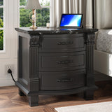 RECHHX Solid Wood Curved Nightstand with Charger Station, Water-Based Painted Bedside Tables with 3 Drawer Storage, Farmhouse End Table with Carved for Bedroom, Living Room, Black