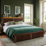 Homkdom Queen Bed Frame with 2 Drawers and Mid-Century Wooden Wavy Panel Headboard,Charging Station&LED Lights,Heavy Duty Steel,Noise-Free,No Box Spring Needed,Easy Assembly,Walnut