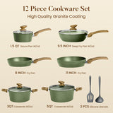 Kitchen Academy Non Toxic Pots and Pans Set Non Stick - 12 Piece Induction Cookware Sets, Green Granite Nonstick Cooking Pot and Pan, PFOA&PFOS Free
