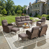 Luxury Patio Furniture Set with 6-inch Thick Cushions, Outdoor Furniture Set with High Back Swivel Chairs, 10 PCS Wicker Outdoor Conversation Set for Porch, Patio, Yard, Deck, Poolside, Brown/Grey
