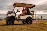 Paladin Luxury Golf Carts 2+2 Pure White, Brown Row Seats, Brown Stitching, Black Dashboard.