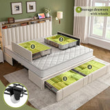 EnHomee King Fabric Upholstered Bed Frame with 4 Drawers and Rivet Decor Storage Headboard, 1000LBS Wooden Slats Support for Apartment, No Box Spring Needed, Easy Assembly, Beige