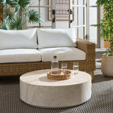 SAFAVIEH Outdoor - Tina Round Coffee Table - Travertine-Effect - Fully Assembled - Weather Resistant - Ideal for Deck, Patio, Backyard, 35.4" W x 35.4" D x 10.6" H (PAT6211A)