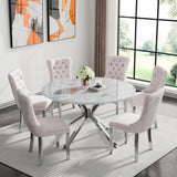 Maotifeys 45'' Round Dining Table White Marble Dining Room Table for 4-6, Circle Faux Marble Kitchen Table with 4 Silver Mirrored Stainless Steel Legs for Dining Room, Bistro, Breakfast (Table Only)