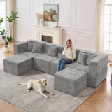 MONVANE Modular Sectional Cloud Couch for Living Room - 130'' 6 Seater Convertible Chenille Couches Set with Ottoman, No Assembly Compression Sofas, Comfy Floor Sofa with Memory Foam, Light Grey