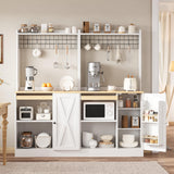 IRONCK Bakers Rack with Pull Out Shelf and Power Outlet, Microwave Stand with Adjustable Shelves & 5 Hooks, Barn Doors, Kitchen Pantry Coffee Bar Cabinet for Kitchen Dining Room, White