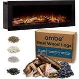 Ambe Linear 50" Electric Fireplace with Real Wood | Hidden Vent Design | Midwest Hardwood Log Set | Recessed or Built-in | Deep Realistic Ember Bed | Fireplace Insert Heater | Trim or Frameless