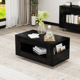 Vavkorkula 35" Wood Coffee Table for Living Room, Sides Storage with Transparent Legs, Minimalist Modern 2-Tier Storage Shelf Center Table for Home Office, Apartment, Black