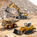 KidsFaves Pro-Grade Remote Control Bulldozer for Adult Metal Micro-Scale RC Construction Model with Leadscrew Loader System, Dual Battery Includes Portable Carry Case