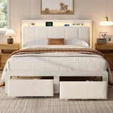 nesture. Queen Storage Bed Frame, Upholstered Platform Bed with 2 Drawers, Velvet Vertical Tufted Headboard with LED Lights & Charging Station, Wooden Slats Support, No Box Spring Needed, Off-White