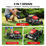 21" Steel Deck Gas Lawn Mower, 3-in-1 Push Mower, 144cc 4-Stroke OHV Engine, 6 Height Adjustment, 1.4 Bushel Grass Catcher with Bagging, Mulching & Side Discharge Efficient for Yard Garden