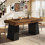 wo Tone Dining Table for 4-6 People, Rectangular Farmhouse Kitchen Dinner Table with Double Pedestal