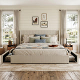 IDEALHOUSE King Size Bed Frame with Storage Drawers, Corduroy Upholstered Platform Bedframe with Wingback, Headboard and Footboard, No Box Spring Needed, Beige