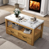LubanNese Coffee Table 40" Faux Marble 2-Tier Modern Wooden Rectangle Center Table with Drawers for Living Room, Conference Room, Thickened Top, Small Space Home Furniture (Natural Oak with Storage)