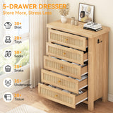 Natural Rattan Dresser for Bedroom with 5 Drawers, Wood Boho Chest of Drawers with Gold Metal Handle, Matte Top Bedroom Tall Dresser with Large Drawers for Living Room, Closet, Hallway, (Nartual)