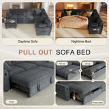 Hanherry 106" Sectional Sofa with Pull Out Couch Bed,6 Seater Corduroy Sleeper Sofa with Storage Ottoman & USB Charging