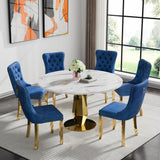 SSLine White Faux Marble Round Dining Table Set for 6 with Velvet Chairs