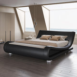 SHA CERLIN Queen Size Upholstered Bed Frame, Deluxe Low Profile Sleigh Bed with Faux Leather Ergonomics Headboard, No Box Spring Needed & Easy Assembly, Black