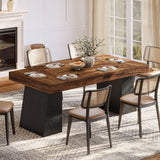 wo Tone Dining Table for 4-6 People, Rectangular Farmhouse Kitchen Dinner Table with Double Pedestal