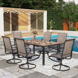 PHI VILLA 7 Pcs Patio Dining Set, Brown Swivel Chairs & Wood-Look Table