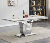 Maotifeys White Marble Dining Table for 6 Modern Luxury Faux Marble Kitchen Table for 4-6, 68" Large Dining Room Tables with U-Shape Silver Stainless Steel Base