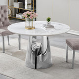 Maotifeys 45'' Round Dining Table White Marble Dining Room Table for 4-6, Circle Faux Marble Kitchen Table with Silver Mirrored Stainless Steel Base for Dining Room, Bistro, Breakfast (Table Only)