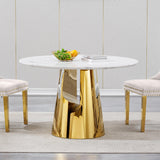 Maotifeys 45'' Round Dining Table White Marble Dining Room Table for 4-6, Circle Faux Marble Kitchen Table with Gold Mirrored Stainless Steel Base for Dining Room, Bistro, Breakfast (Table Only)
