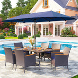 PHI VILLA 7pc Patio Dining Set w/Umbrella, Rectangular Table, Rattan Chairs