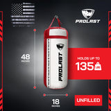 PROLAST 4 Ft 135 Lb XL Heavy Punching Boxing Bag for Adults, MMA, Martial Arts, Muay Thai, Kicking, Strength Training Equipment, Unfilled, New Edition Logo, White and Red
