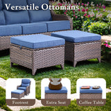 moosprr Luxury Outdoor Furniture Set with 6-Inch Thick Cushion, High Back Swivel Patio Chairs with Ottoman & Side Table, Outdoor Wicker Swivel Bistro Set for Porch, Yard, Deck, Poolside, Brown/Blue