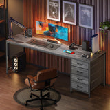PRAISUN 63 Inch Computer Office Desk with Power Outelts and USB-C Port, Reversible Gaming Desk with 4 Fabric Drawers, Work Study Desk Work from Home, Grey