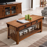 Leick Home Mission Impeccable Coffee Table, Solid Wood with 2 Drawers & Shelf, Medium Oak Finish, Blackened Hardware, Slatted Sides, Easy Assembly, 48 in W x 24 in D x 19 in H, 8204