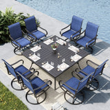 MFSTUDIO 9 PCS Patio Dining Set, 57.5" Square Table & Blue Swivel Chairs