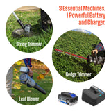 Westinghouse 20V Cordless Leaf Blower, 350 CFM, 110 MPH + 22" Cordless Hedge Trimmer, Dual-Action Steel Blades + 2-in-1