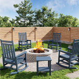 GarveeLife Poly Lumber Rocking Chair Outdoor Set of 4 with 2 Side Table - HDPE High Back Porch Rocker Chairs for Adults - All Weather Resistant Furniture for Patio - Navy Blue