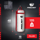 PROLAST 4Ft 135Lb XL Heavy Punching Boxing Bag for Adults, MMA, Martial Arts, Muay Thai, Kicking, Strength Training Equipment, Filled, New Edition Logo, White and Red
