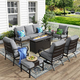 MFSTUDIO 8 Piece Metal Patio Furniture Set with Fire Pit Table, Gray