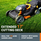 WORX 40V 17" Cordless Lawn Mower for Small Yards, 2-in-1 Electric Mower Cuts Quiet, Compact & Lightweight Push Lawn Mower